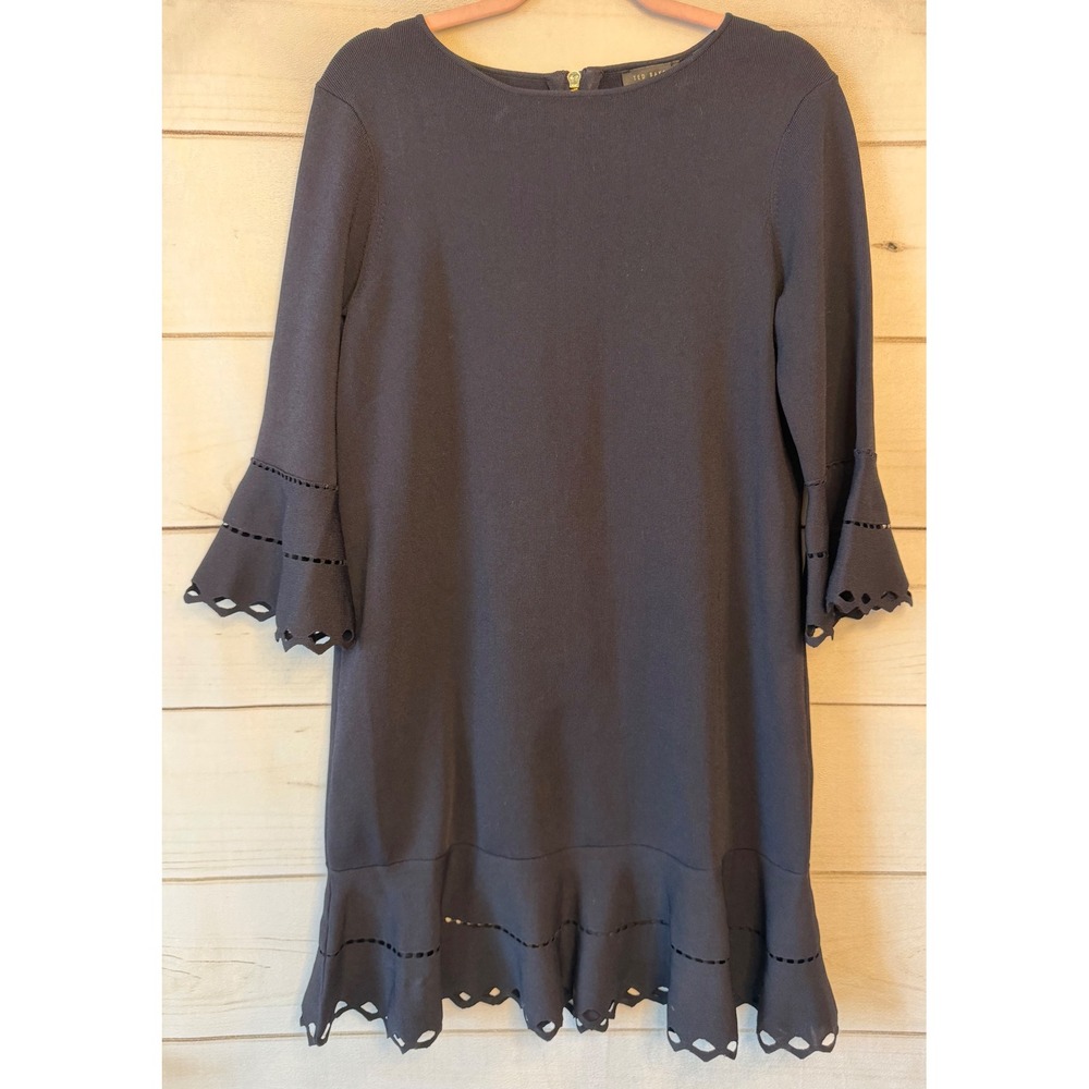 Ted Baker London Yazmiin Navy Blue Scalloped Laser Cut Bell Sleeve Dress Size 3